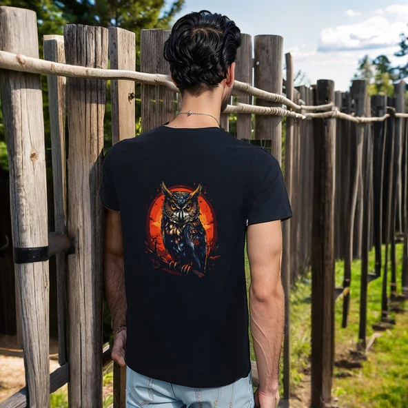 Owl T-shirt %100 Pamuklu Siyah Penye Basic Erkek Tişört - Resim 3