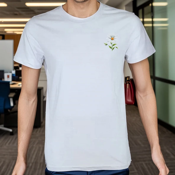 Flower T-shirt %100 Pamuklu Beyaz Penye Basic Erkek Tişört - Resim 3
