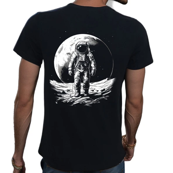 Astronaut T-shirt %100 Pamuklu Siyah Penye Basic Erkek Tişört - Resim 2