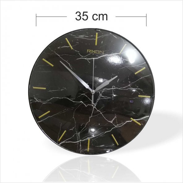 Büyük 35 cm Gerçek Bombe Camlı Siyah Damarlı Mermer Desenli Altın Renk Kadran Sessiz Duvar Saati - 3