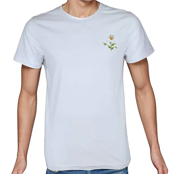 Flower T-shirt %100 Pamuklu Beyaz Penye Basic Erkek Tişört - Resim 4