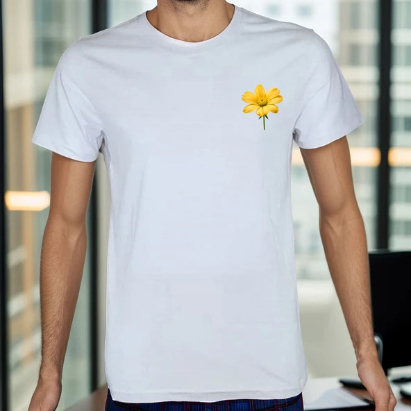Flower T-shirt %100 Pamuklu Beyaz Penye Basic Erkek Tişört - Resim 3