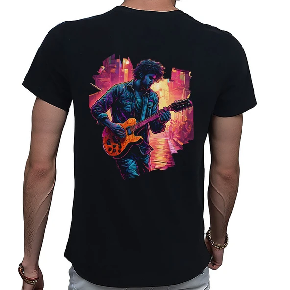 Neon Guitar T-shirt %100 Pamuklu Siyah Penye Basic Erkek Tişört - Resim 3