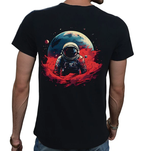 Man On The Moon T-shirt %100 Pamuklu Siyah Penye Basic Erkek Tişört - Resim 2