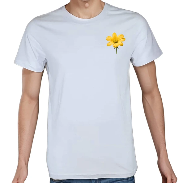 Flower T-shirt %100 Pamuklu Beyaz Penye Basic Erkek Tişört - Resim 2