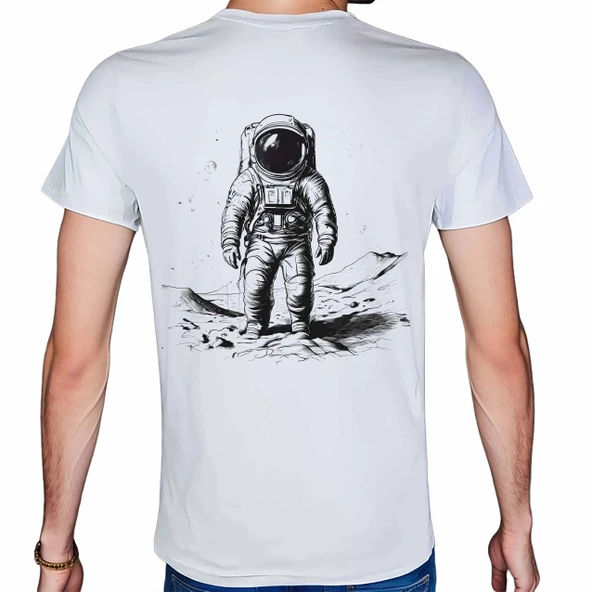 Astronaut T-shirt %100 Pamuklu Beyaz Penye Basic Erkek Tişört - Resim 3