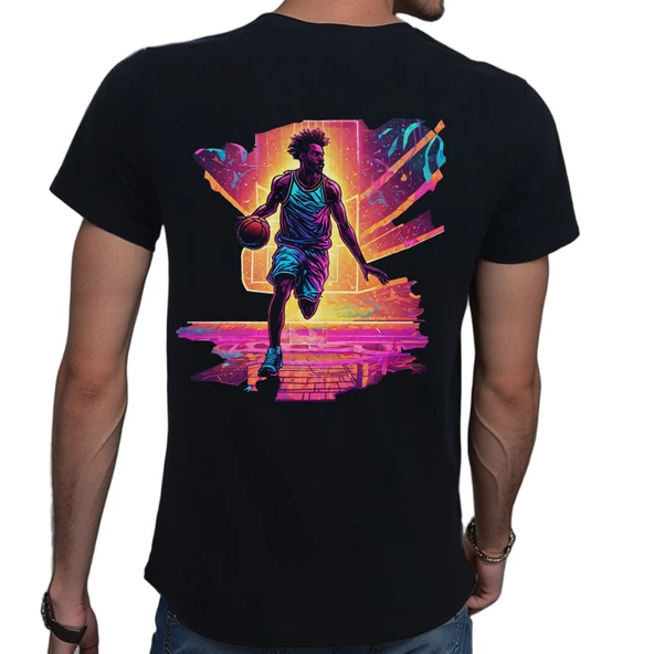 Neon Spor T-shirt %100 Pamuklu Siyah Penye Basic Erkek Tişört - Resim 3