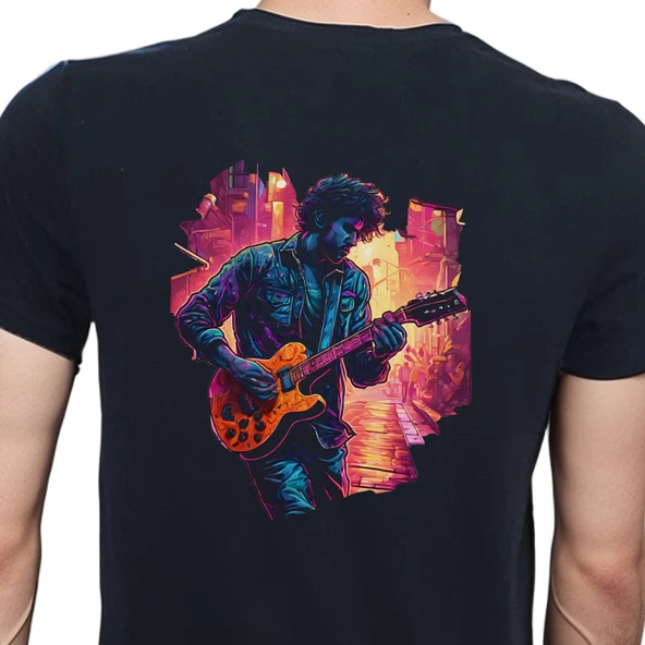 Neon Guitar T-shirt %100 Pamuklu Siyah Penye Basic Erkek Tişört