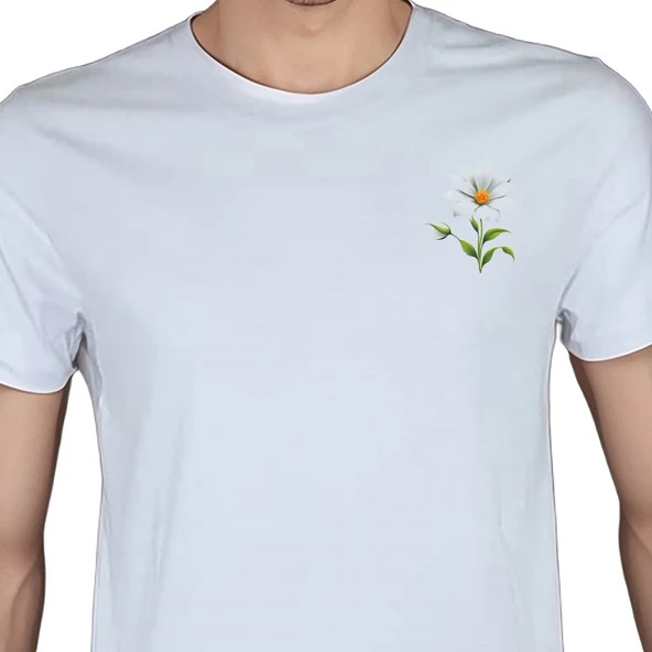 Flower T-shirt %100 Pamuklu Beyaz Penye Basic Erkek Tişört