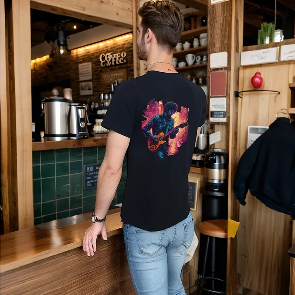 Neon Guitar T-shirt %100 Pamuklu Siyah Penye Basic Erkek Tişört - Resim 4