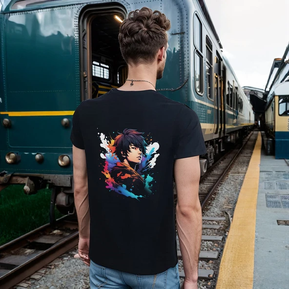 Splash Anime T-shirt %100 Pamuklu Siyah Penye Basic Erkek Tişört - Resim 3