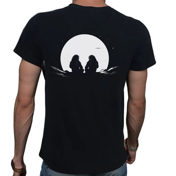 Man On The Moon T-shirt %100 Pamuklu Siyah Penye Basic Erkek Tişört - Resim 3