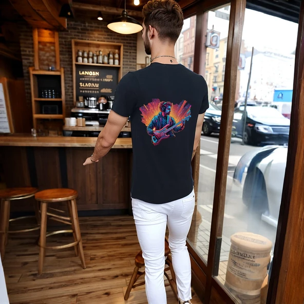 Neon Guitar T-shirt %100 Pamuklu Siyah Penye Basic Erkek Tişört - Resim 3