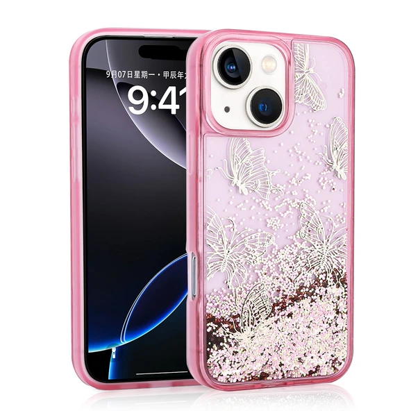 Apple iPhone 14 Kılıf Sıvılı Simli Kelebek Baskılı Şeffaf Arka Yüzey Zore Glis Silikon Kapak - 3
