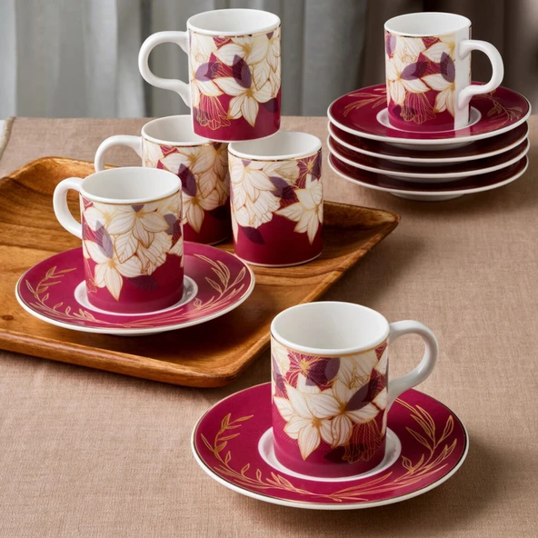 GÜRAL PORSELEN Camelia 12 Parça 6 Kişilik Kahve Fincan Takımı 67081 Bordo ürün görseli 1