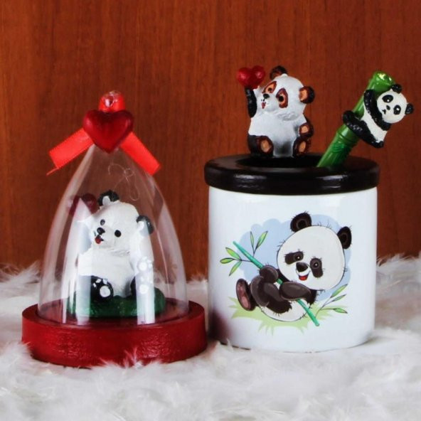 Panda Seramik Kalemlik Panda Kalem Panda Fanus Biblo Hediye Seti