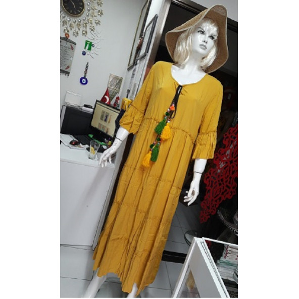 Park Moda -ADN 135- Yakası Püsküllü Elbise- Hardal Sarı Renk-36-46 beden arası