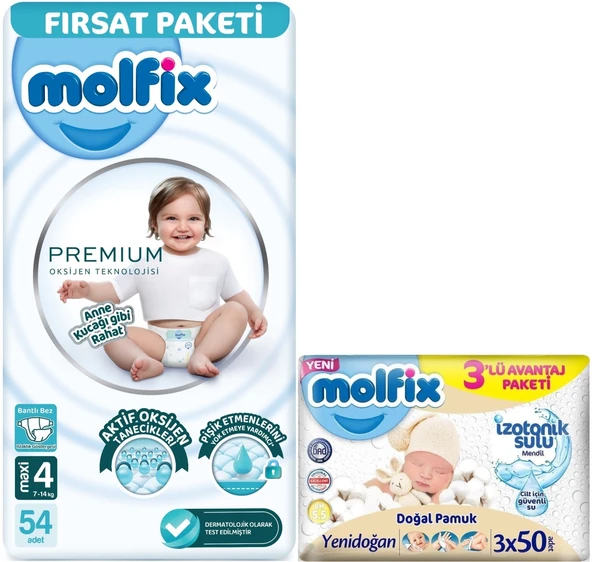 Molfix Premium Bebek Bezi Beden:4 (7-14KG) Maxi 54 Adet Fırsat Pk + 3 Adet Islak Mendil