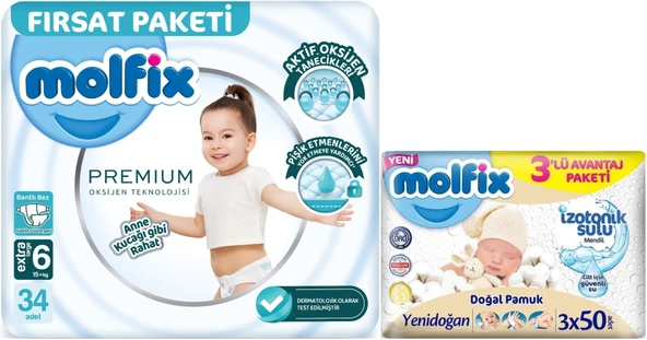 Molfix Premium Bebek Bezi Beden:6 (15+KG) Extra Large 34 Adet Fırsat Pk + 3 Adet Islak Mendil