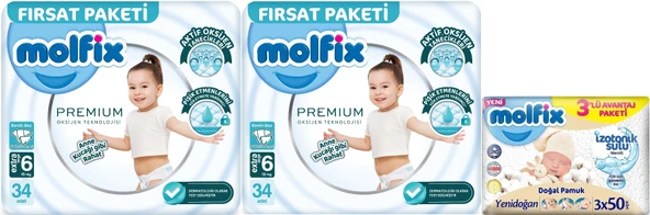 Molfix Premium Bebek Bezi Beden:6 (15+KG) Extra Large 68 Adet Fırsat Pk + 3 Adet Islak Mendil