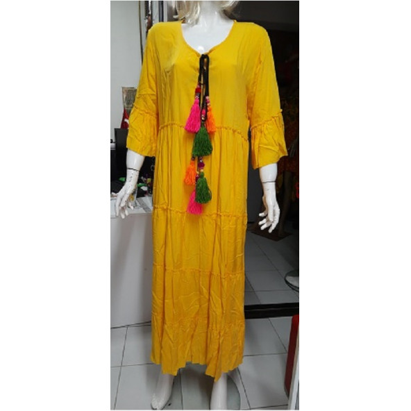 Park Moda - ADN 135- Yakası Püsküllü Elbise- Sarı renk- 36-46 beden arası