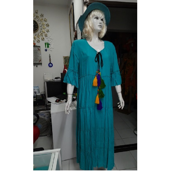 Park Moda -ADN 135- Yakası Püsküllü Elbise- 36-46 beden arası -Turkuaz renk
