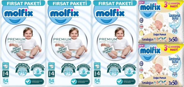 Molfix Premium Bebek Bezi Beden:4 (7-14KG) Maxi 162 Adet Fırsat Pk + 6 Adet Islak Mendil