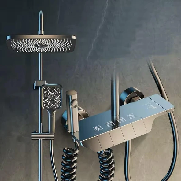 ANTRESİT PİYANO FONKSİYONEL AKILLI DUŞ SİSTEM BANYO BATARYA ROBOT YAĞMURLAMA 4 MOD PVD GRİ
