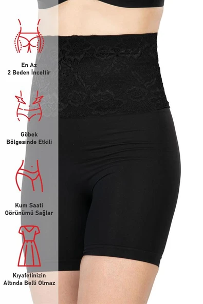 Siyah Emay 2091 Önü Dantelli Yüksek Bel Boxer Korse - 5