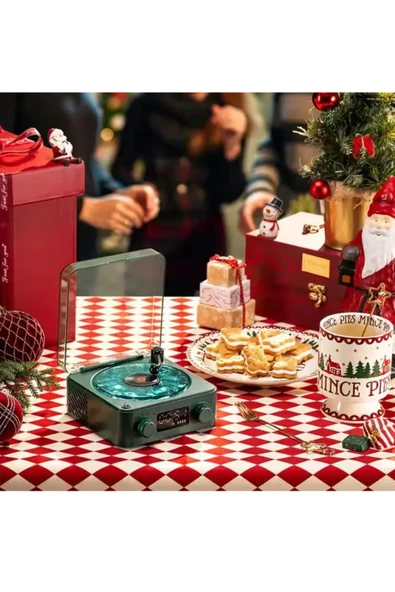 Mini Nostalji Plak Görünüm Dekor Waves Bluetooth Işıklı Müzik Çalar Alarm Saat TF Kart Aux Özellikli - 6