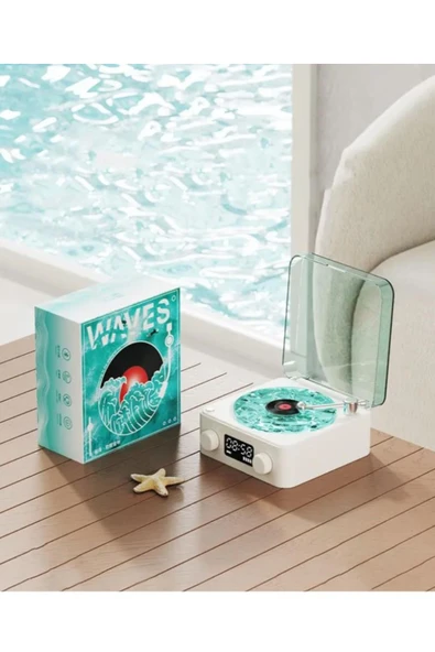 Mini Nostalji Plak Görünüm Dekor Waves Bluetooth Işıklı Müzik Çalar Alarm Saat TF Kart Aux Özellikli - 3