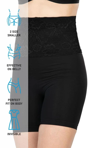 Siyah Emay 2091 Önü Dantelli Yüksek Bel Boxer Korse - 6