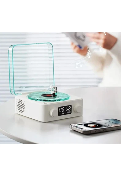 Mini Nostalji Plak Görünüm Dekor Waves Bluetooth Işıklı Müzik Çalar Alarm Saat TF Kart Aux Özellikli