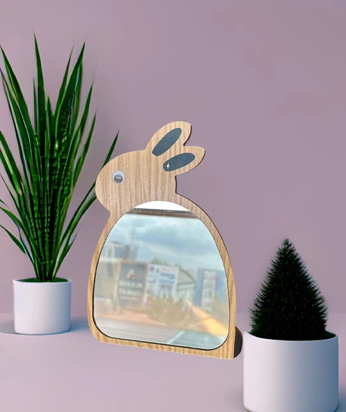 Masa üstü dekoratif makyaj aynası Tavşan figürlü Ahşap model - 3