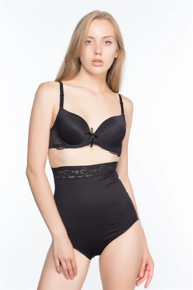 Siyah Emay 2028 Dantelli Yüksek Bel Slip Korse - Resim 12