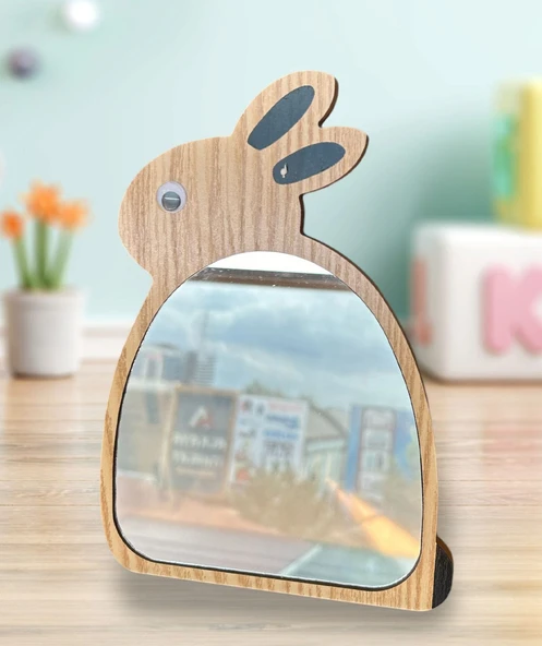 Masa üstü dekoratif makyaj aynası Tavşan figürlü Ahşap model - 2