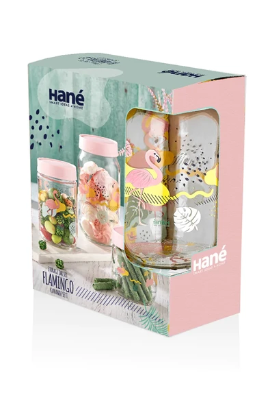 Hane 3'lü Flamingo Desenli Kavanoz Seti