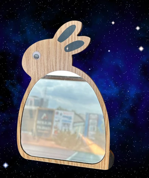 Masa üstü dekoratif makyaj aynası Tavşan figürlü Ahşap model - 4