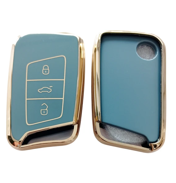 Volkswagen Passat B8 Skoda Superb Kodiaq Uyumlu Smart Kumanda Anahtar Kılıfı Oto Anahtarlık Gri Gold - Resim 2