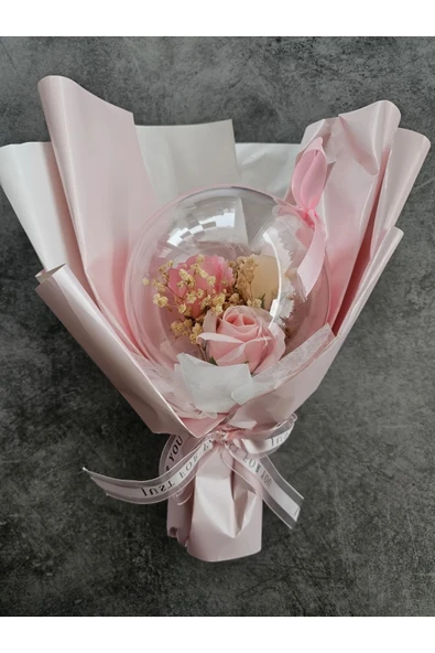 Düş Balonu pembe Gül TÜY DEKORLU Hediyelik Kutulu Özel Gün Buketi Sevgililer Günü
