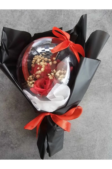 DÜŞ Balonu Siyah Gül tüy dekorlu Hediyelik Kutulu Özel Gün Buketi Sevgililer Günü - Resim 2