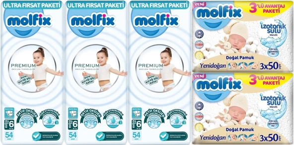 Molfix Premium Bebek Bezi Beden:6 (15+KG) Extra Large 162 Adet Ultra Fırsat Pk + 6 Adet Islak Mendil