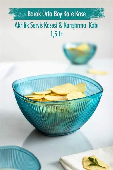 Akrilik Barok Aquamarin Orta Boy Kare Meyve & Salata Kasesi & Karıştırma Kabı / 1,5 Lt  (CAM DEĞİLDİR) - 6