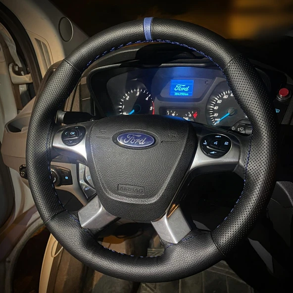 DİKİŞLİ DİREKSİYON KILIFI İTHAL SİYAH DERİ NOKTALI DERİ MAVİ YÜZÜK MAVİ DİKİŞLİ FORD CUSTOM İÇİN - 1
