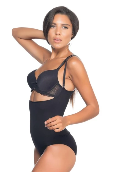 Siyah Emay 2073 İnce Göğüsü Açık Desenli Body Korse