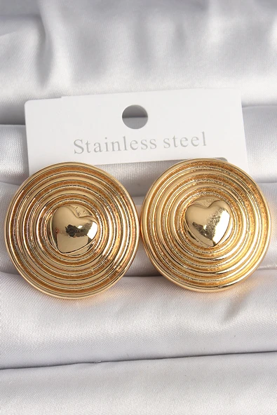 Pirinç Gold Renk Kalp İşlemeli Daire Plaka Model Kadın Küpe - TJ-BKP10155 - 1