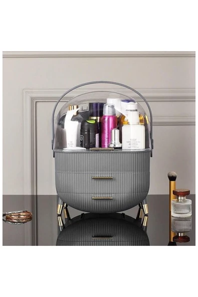 Kozmetik Makyaj Düzenleyici Organizer Gri Taşıma Kulplu Çekmeceli - Resim 2