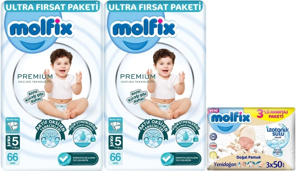 Molfix Premium Bebek Bezi Beden:5 (11-18KG) Junior 132 Adet Ultra Fırsat Pk + 3 Adet Islak Mendil