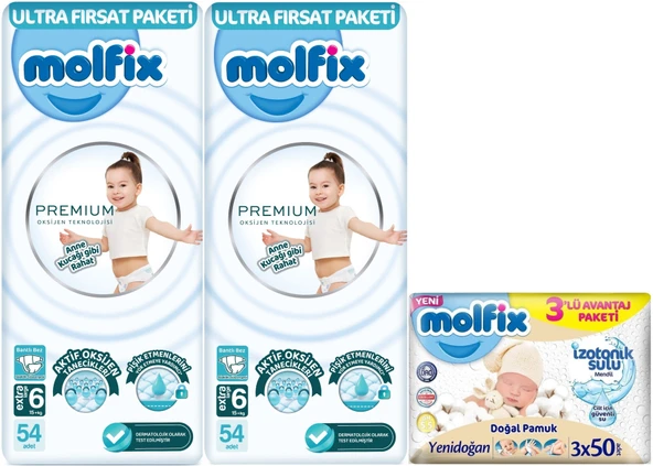 Molfix Premium Bebek Bezi Beden:6 (15+KG) Extra Large 108 Adet Ultra Fırsat Pk + 3 Adet Islak Mendil