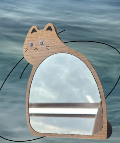 Masa üstü dekoratif makyaj aynası Kedi figürlü Ahşap model - 2